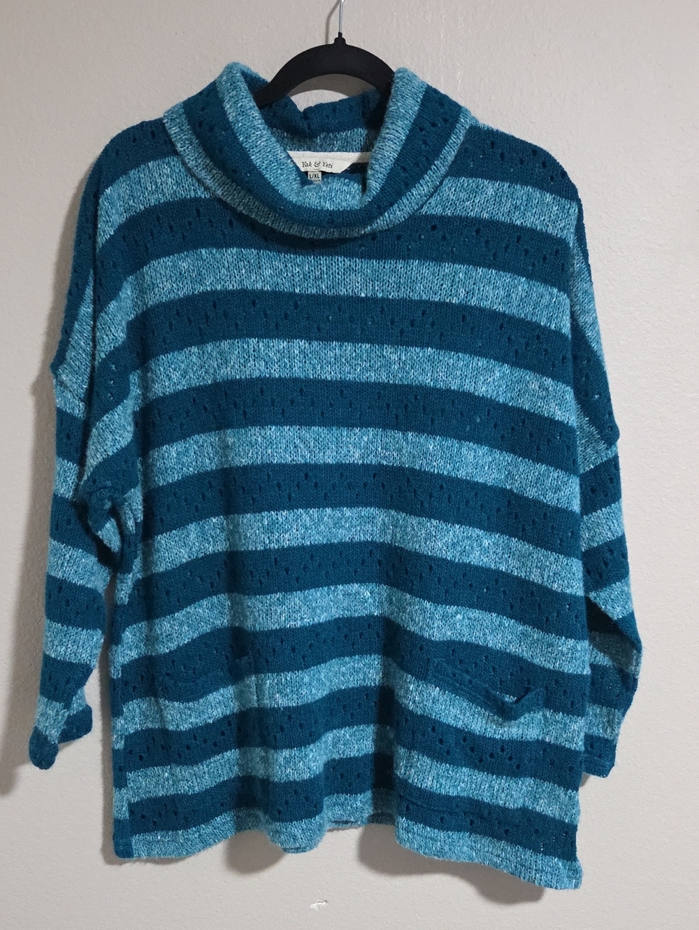 Striped Teal Cowl Neck Sweater - Soft Cozy Knit